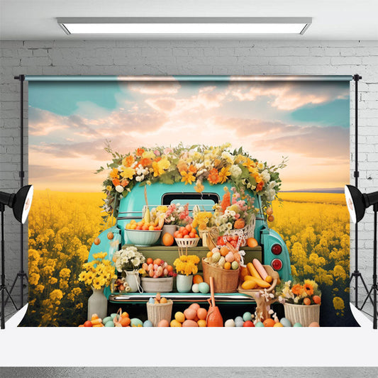 Lofaris Blue Truck Rapeseed Flowers Eggs Easter Backdrop