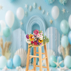 Lofaris Blue White Balloons Shell Summer Cake Smash Backdrop