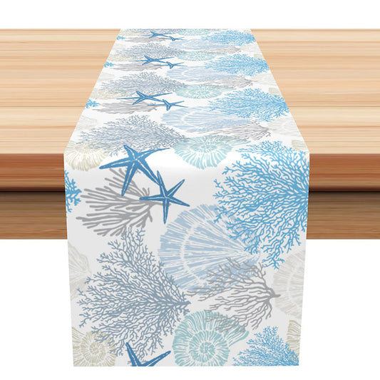 Lofaris Blue White Coral Conch Starfish Coastal Table Runner