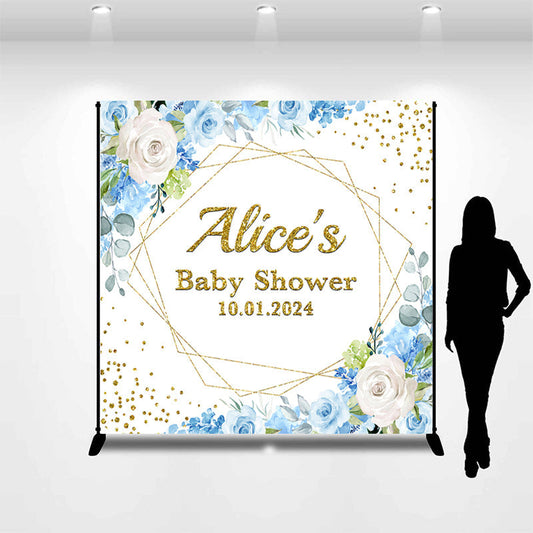 Lofaris Blue White Floral Leaves Custom Baby Shower Backdrop