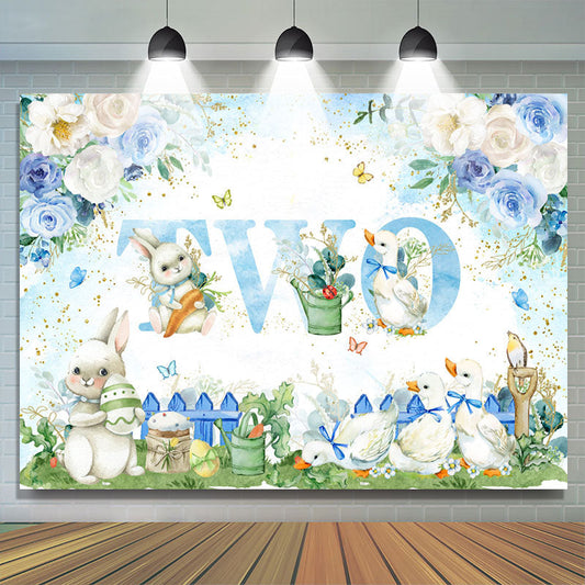 Lofaris Blue White Floral Rabbit Duck 2nd Birthday Backdrop