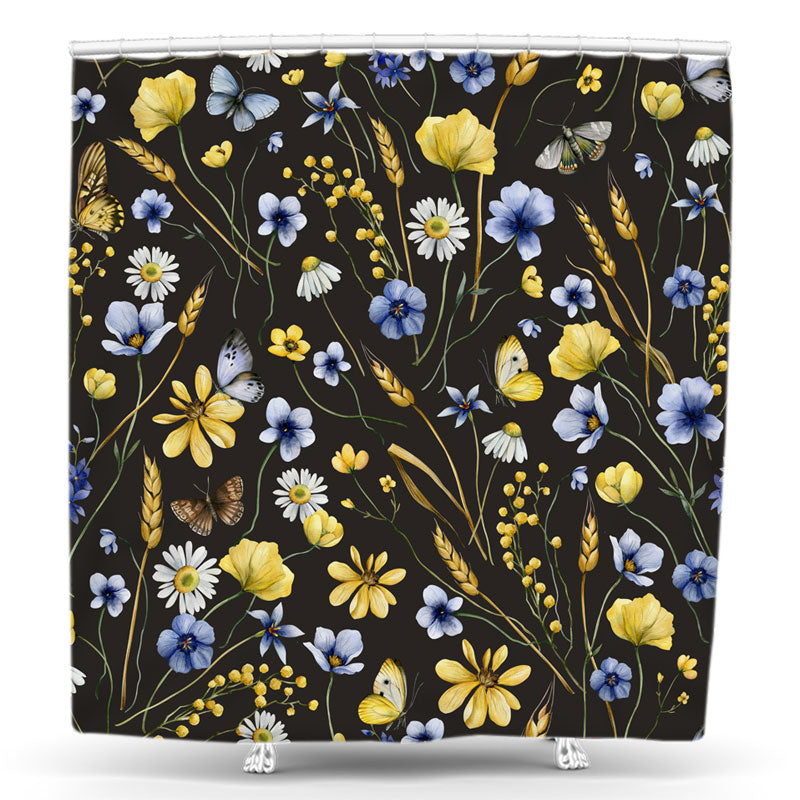 Lofaris Blue White Flower Insects Butterfly Shower Curtain