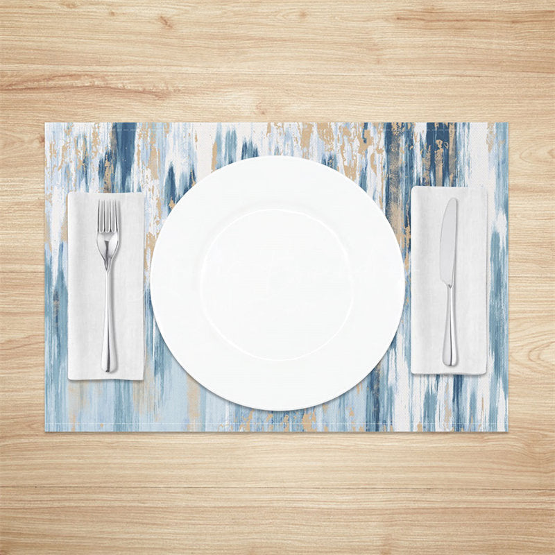 Lofaris Blue White Gold Abstract Fabric Set Of 4 Placemats