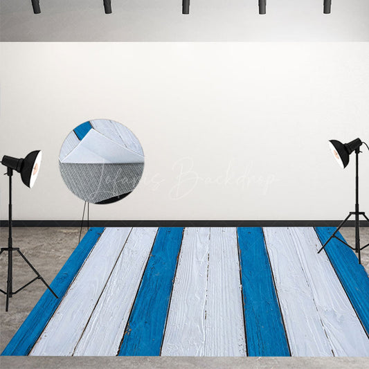 Lofaris Blue White Painted Vertical Stripe Wood Floor Mat