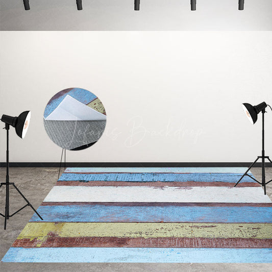 Lofaris Blue White Yellow Paint Style Wooden Floor Backdrop