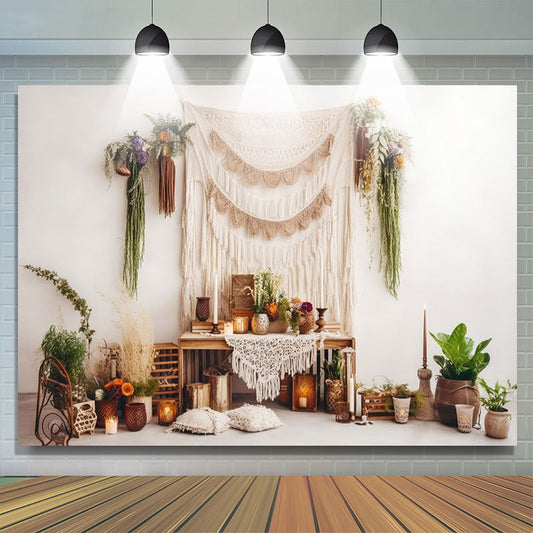 Lofaris Boho Beige Curtain Plant Floral Cake Smash Backdrop
