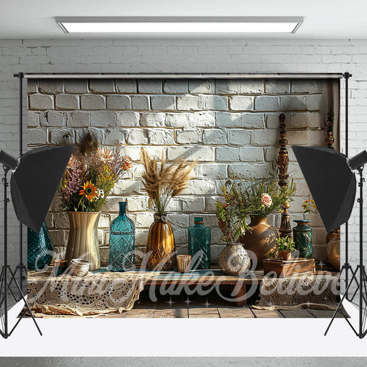 Lofaris Boho Bottle Feather Brick Wall Spring Photo Backdrop