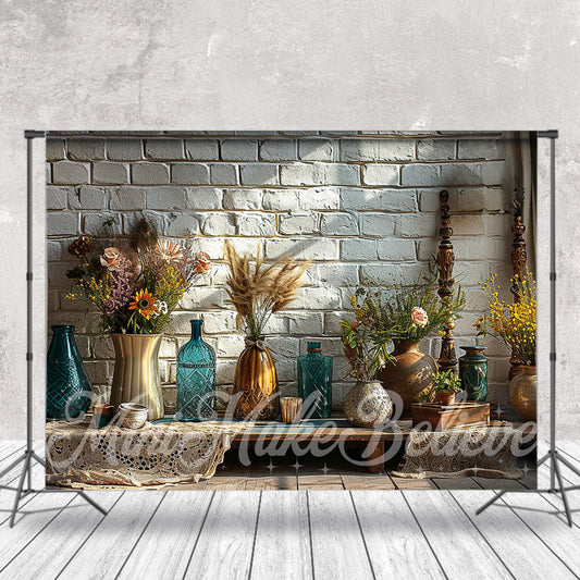 Lofaris Boho Bottle Feather Brick Wall Spring Photo Backdrop