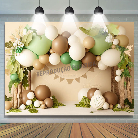 Lofaris Boho Brown Green Balloon Wood Door Cake Smash Backdrop