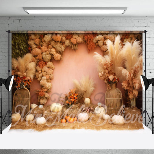(Ship In 24HR) Boho Floral Bulrush Pumpkin Photo Booth Backdrop