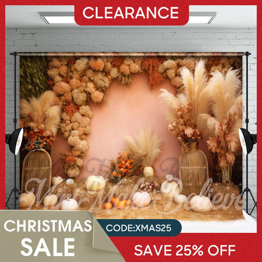 Lofaris (Ship In 24HR) Boho Floral Bulrush Pumpkin Photo Booth Backdrop