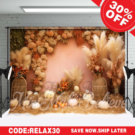 Lofaris (Ship In 24HR) Boho Floral Bulrush Pumpkin Photo Booth Backdrop