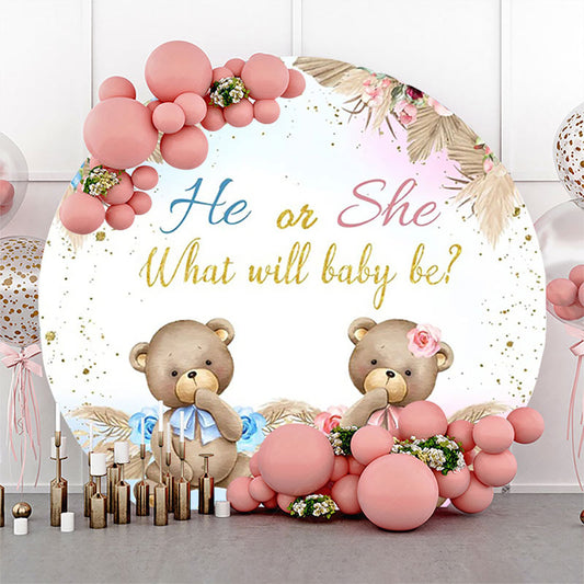 Lofaris Boho Floral Leaves Bear Round Gender Reveal Backdrop