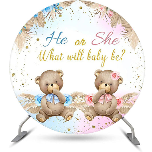 Lofaris Boho Floral Leaves Bear Round Gender Reveal Backdrop