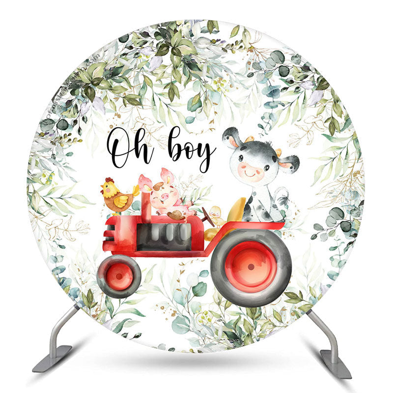 Lofaris Boho Leaf Animals Oh Boy Round Baby Shower Backdrop