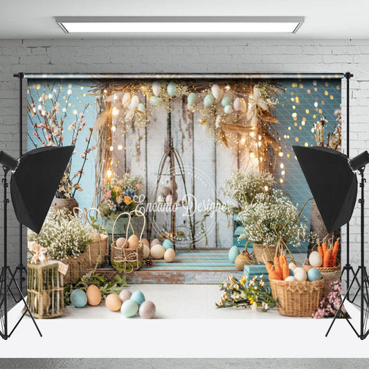 Lofaris Bokeh Blue Retro WHite Wood Floral Easter Backdrop
