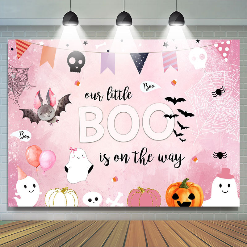 Pink Halloween Baby Shower Backdrop Banner - 'A Little Boo Is Almost Due' With Ghosts & Bats (6x3.6 Ft)