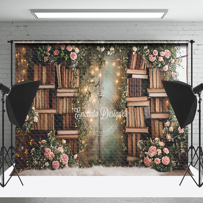 Lofaris Bookcase Surrounded By Flowers Spring Photo Backdrop