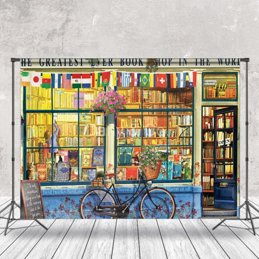Lofaris Bookshop Bike Flags Back To School Photo Backdrops
