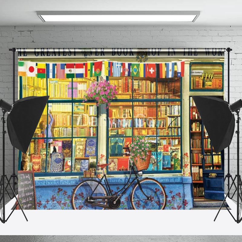 Lofaris Bookshop Bike Flags Back To School Photo Backdrops
