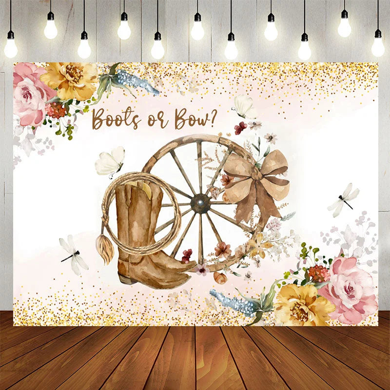 Lofaris Boots Or Bow Floral Glitter Gender Reveal Backdrop