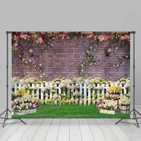 Lofaris Brick Wall Fence Garden Flowers Photography Backdrop