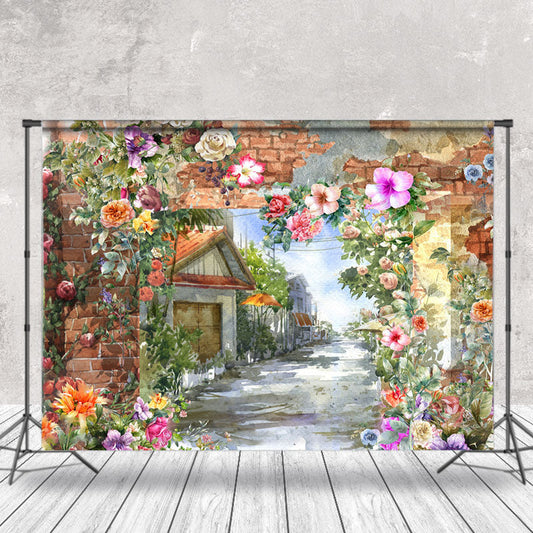 Lofaris Brick Wall Flower Oil Painting Town Street Backdrop