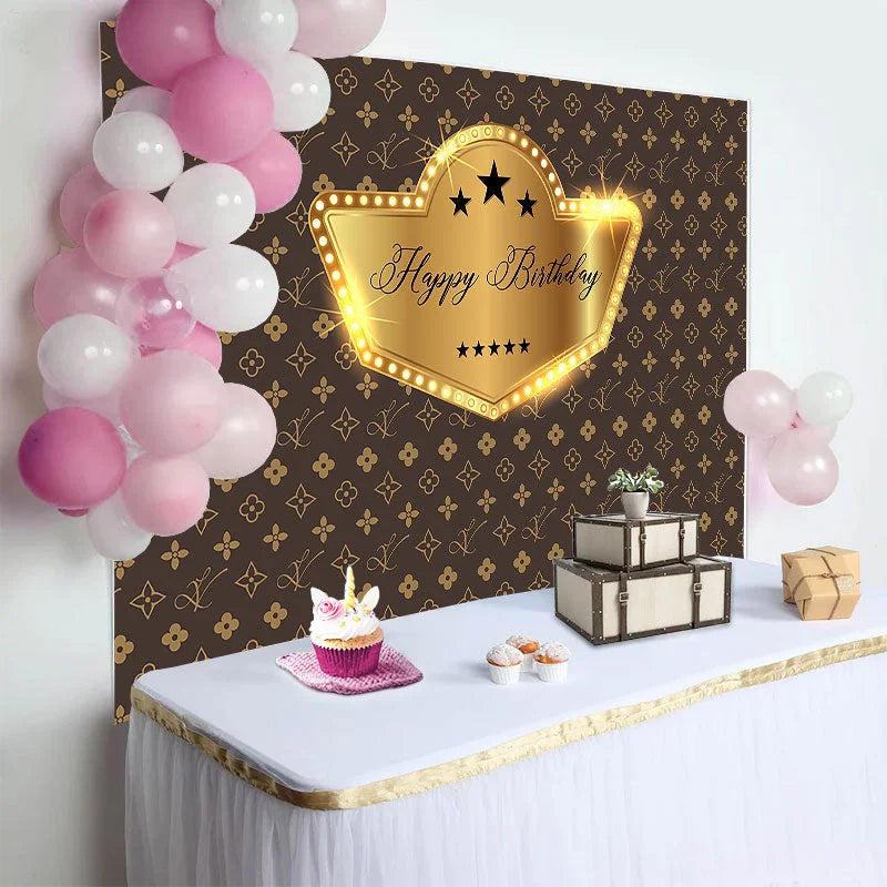 Lofaris Brown Golden Repeat Brand Logo Birthday Backdrop