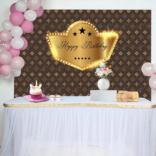 Lofaris Brown Golden Repeat Brand Logo Birthday Backdrop