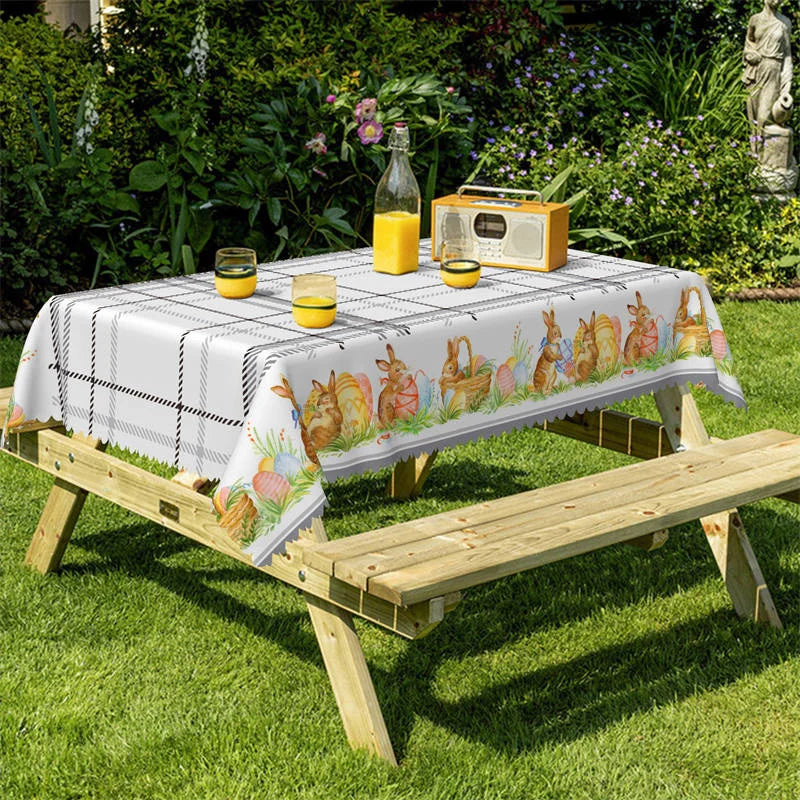 Lofaris Brown Rabits Eggs Black White Plaid Square Tablecloth