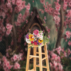 Lofaris Brown Wooden House With Pink Flowers Photo Backdrop