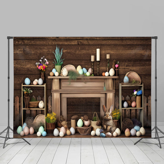Lofaris Brown Wooden Paschal Eggs Bunny Easter Backdrop