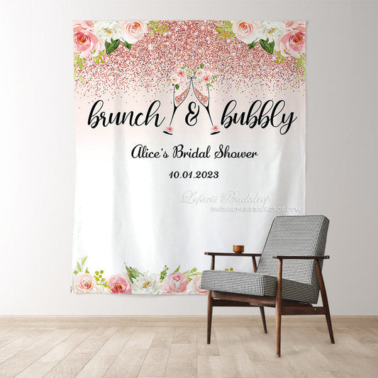 Lofaris Brunch And Bubbly Pink Floral Glitter Bridal Backdrop