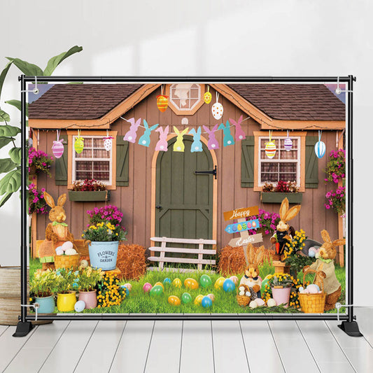 Lofaris Bunny Eggs Floral Wood Farm House Easter Backdrop