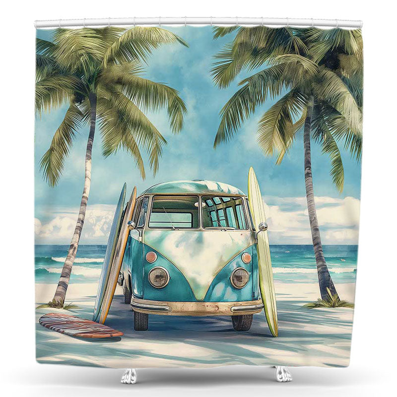 Lofaris Bus Surfboard Blue Sky Beach Seawave Shower Curtain