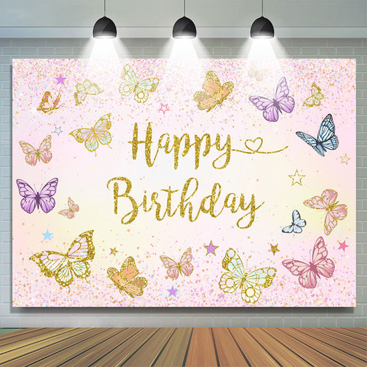 Lofaris Butterflies Glitter Pink Happy Birthday Backdrop