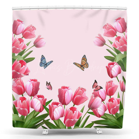 Lofaris Butterfly Pink Tulip Leaves Spring Shower Curtain