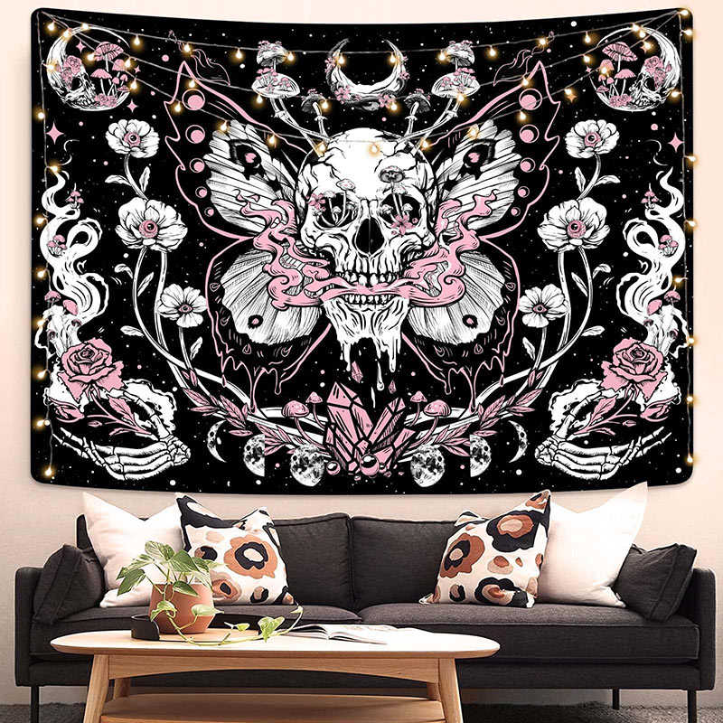 Lofaris Butterfly Skull Pink Floral Crystal Moon Tapestry