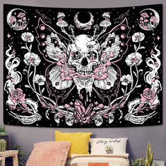 Lofaris Butterfly Skull Pink Floral Crystal Moon Tapestry