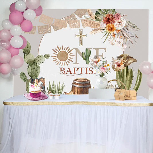 Lofaris Cactus Flowers Cross Cowboy One Baptism Backdrop