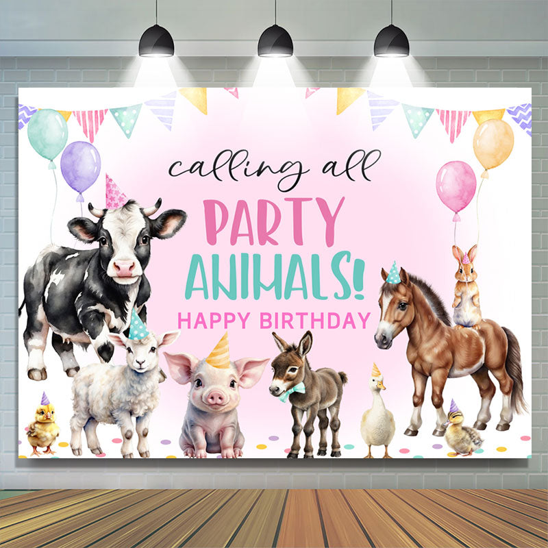 Lofaris Calling All Party Animals Pink Birthday Backdrop