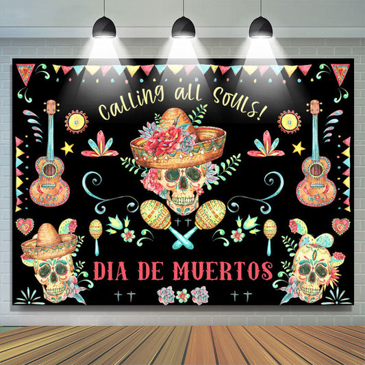 Lofaris Calling All Skulls Floral Black Mexican Fiesta Backdrop