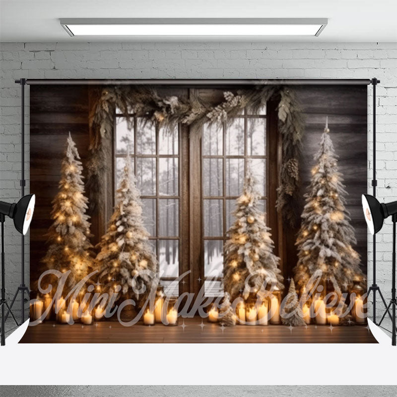 Lofaris Candles Wood Window Forest Merry Christmas Backdrop