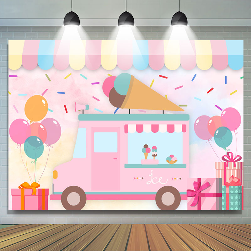 Lofaris Candy Color Ice Cream Car Balloons Birthday Backdrop