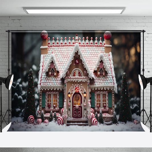 Lofaris Candy House Xmas Trees Snowy Christmas Backdrop