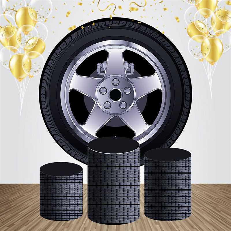 Lofaris Car Tire Pattern Round Happy Birthday Backdrop Kit