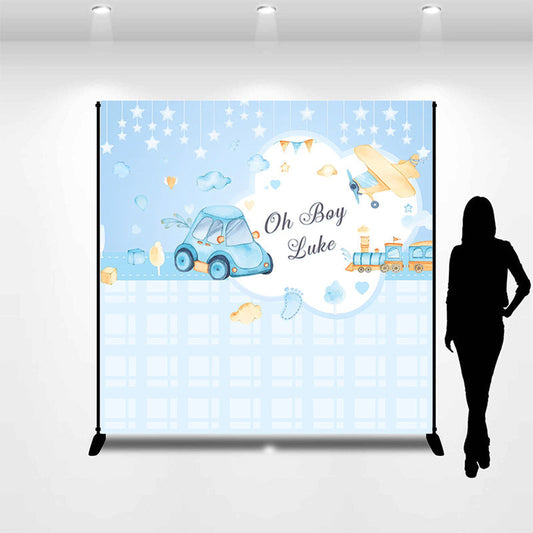 Lofaris Cars Train Plane Blue Custom Boy Baby Shower Backdrop