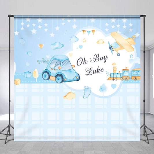 Lofaris Cars Train Plane Blue Custom Boy Baby Shower Backdrop
