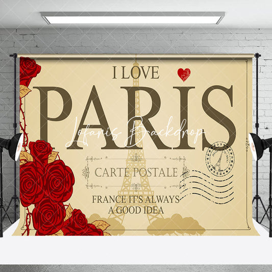 Lofaris Carte Postale I Love Paris Rose Eiffel Tower Backdrop
