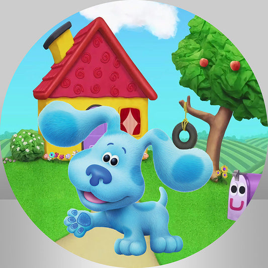 Lofaris Cartoon Blue Dog Green Field Round Party Backdrop Kit